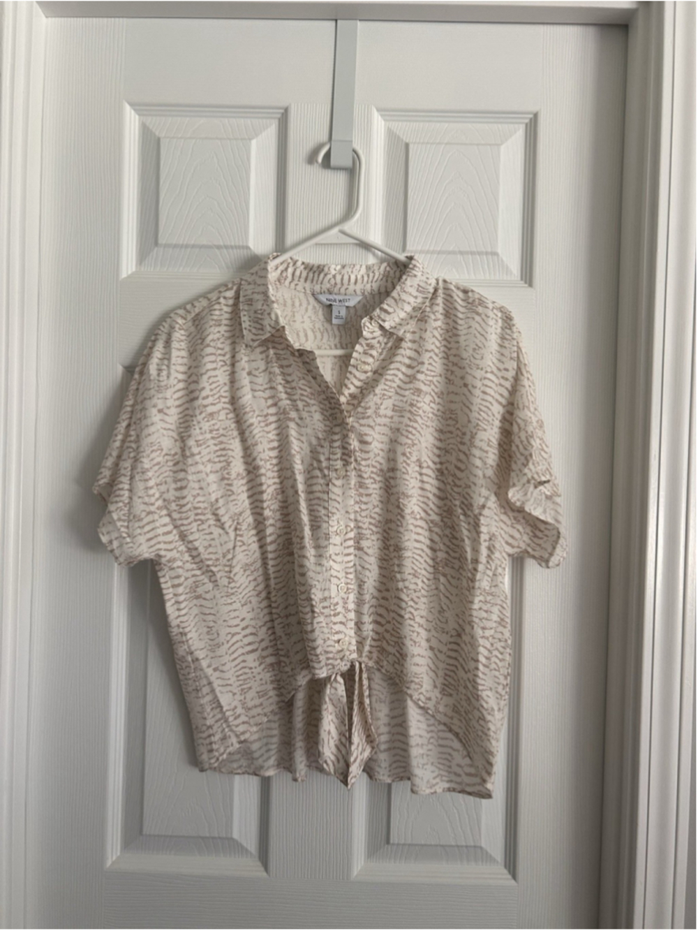 Nine West Floral Collared Short Sleeve Button Down Tie Front Top Size S